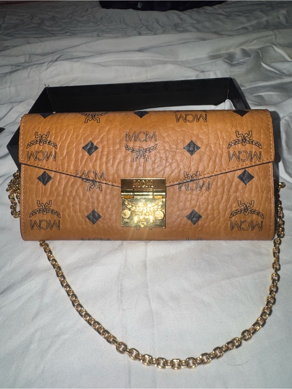 MCM Cognac Visetos Logo Chain Crossbody with Gold Hardware